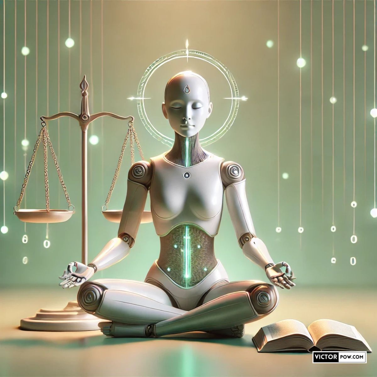 An AI figure sitting in a meditative pose beside a balance scale and an open book, symbolizing Claude AI’s focus on ethics, fairness, and thoughtful decision-making.