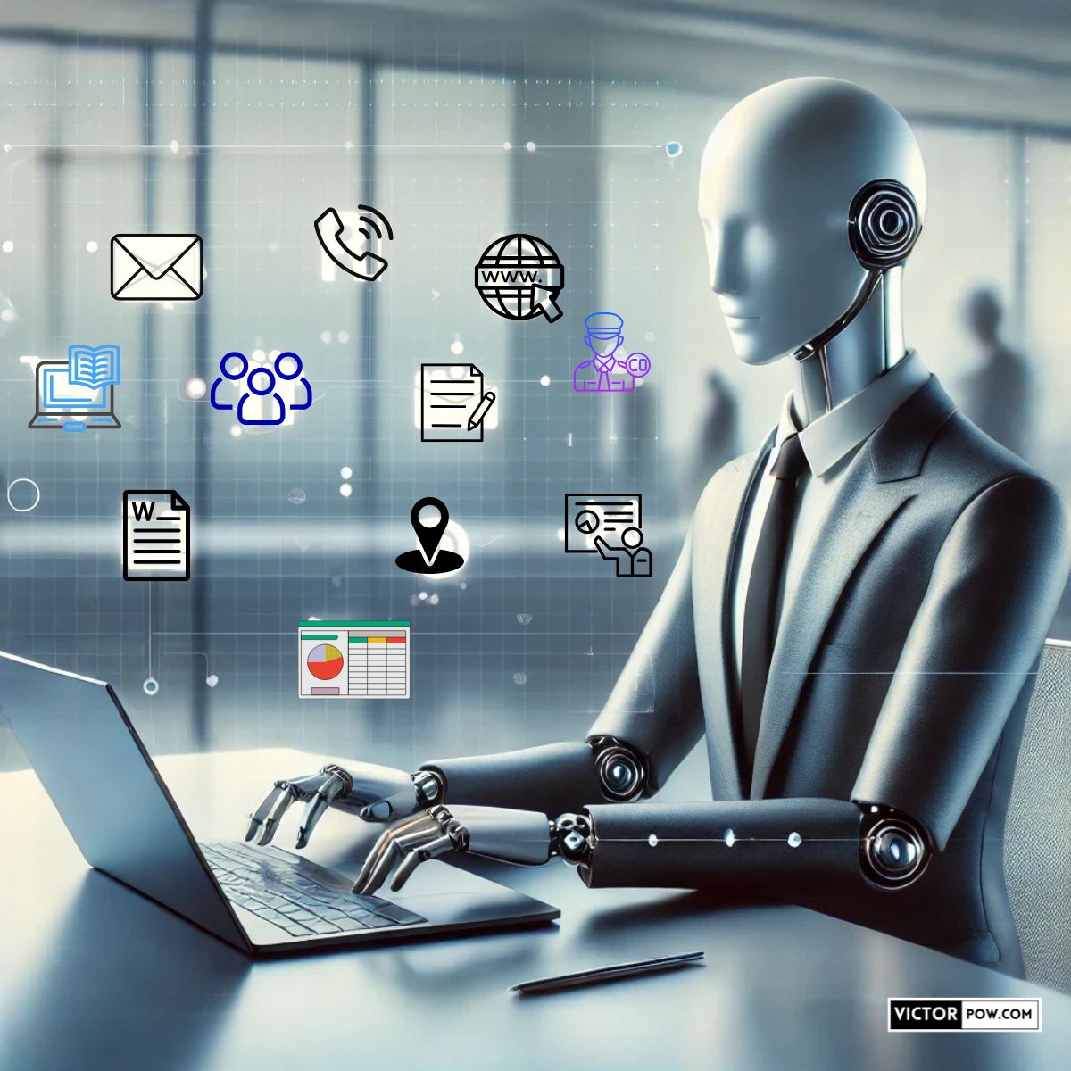 A robotic office assistant in a suit working on a laptop, surrounded by digital productivity icons representing Microsoft 365 tools and automation.