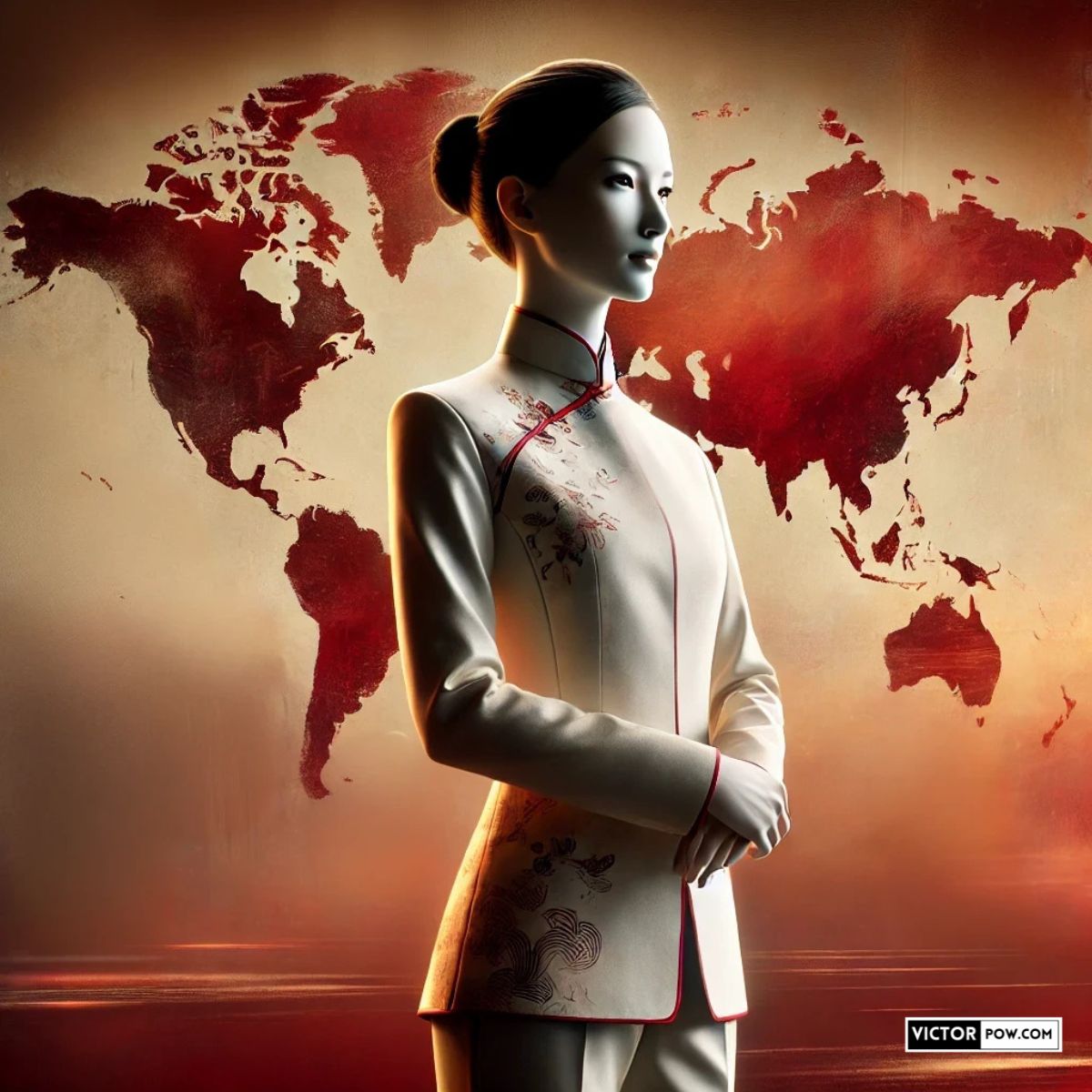 An AI strategist in a modern cheongsam standing confidently before a glowing world map, symbolizing DeepSeek’s cultural intelligence and global strategy.
