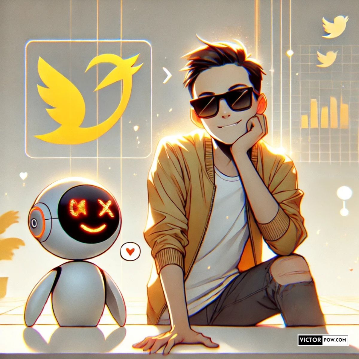 A playful AI robot and a cool young man in sunglasses posing together with the X logo in the background, representing Grok AI’s humor and bold personality.