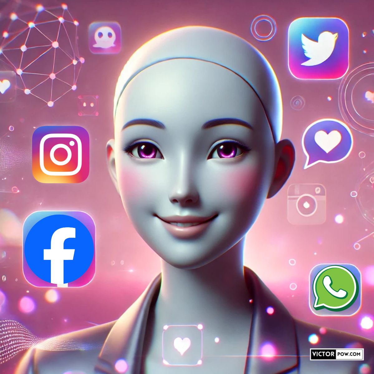 A smiling AI humanoid surrounded by floating social media icons like Facebook, Instagram, Twitter, and WhatsApp, symbolizing Meta AI’s power in digital connectivity.