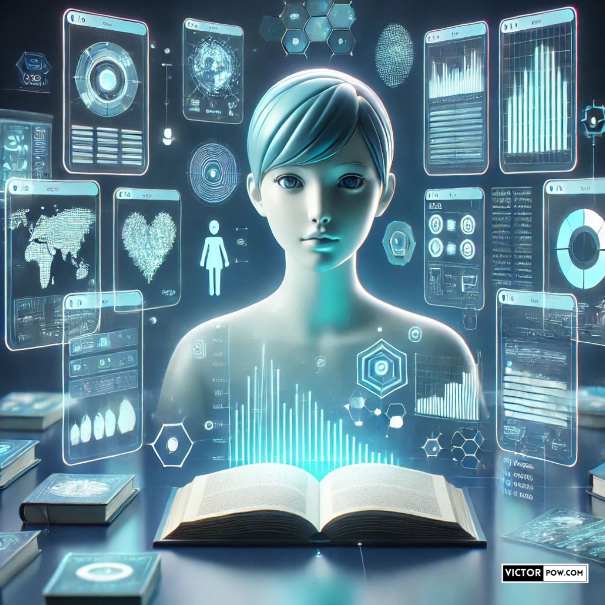 A futuristic AI researcher surrounded by glowing holographic data charts and books, symbolizing Perplexity’s strength in research and real-time data analysis.