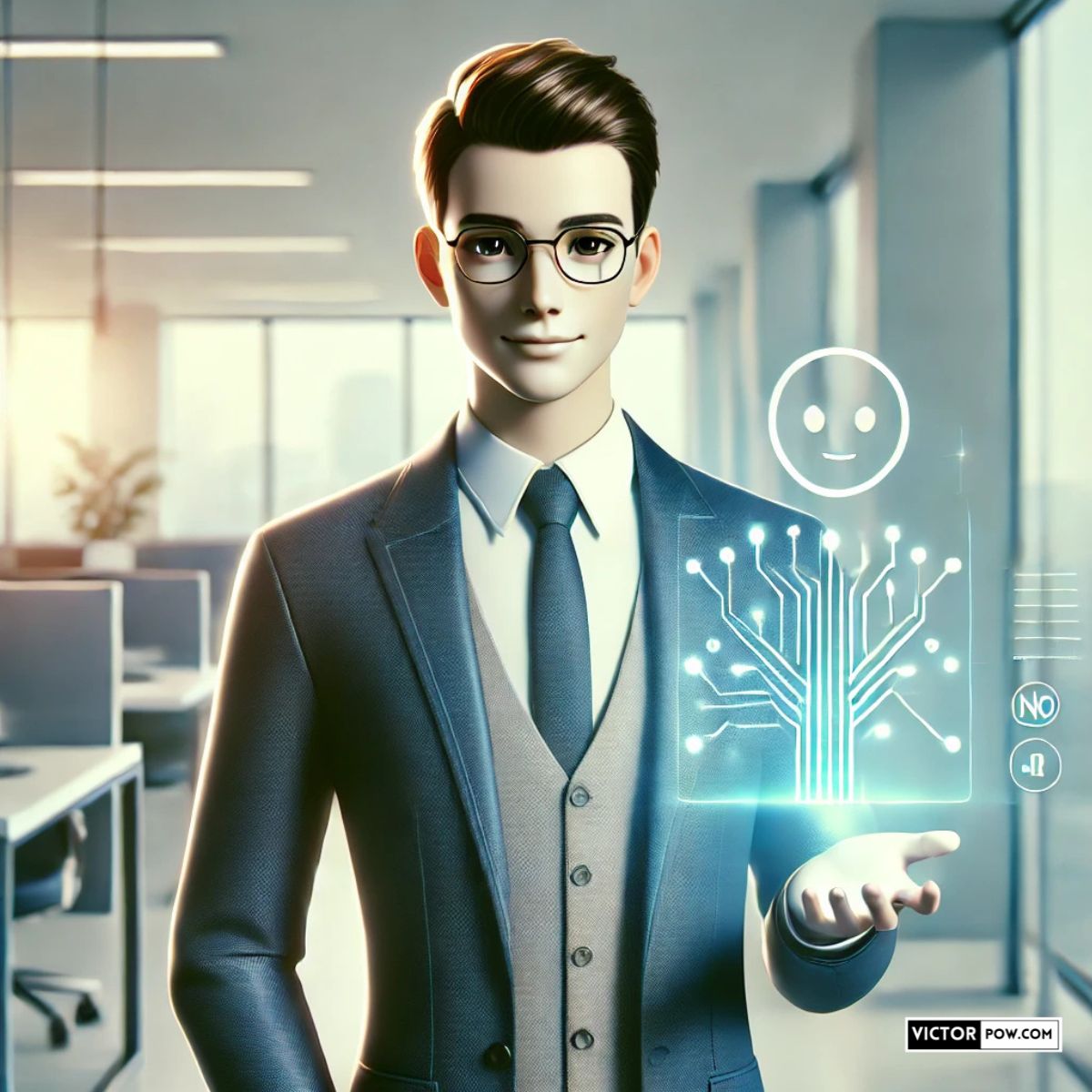 An AI consultant avatar in a sleek business suit holding a glowing digital circuit icon, symbolizing ChatGPT’s intelligence and adaptability in an office setting.