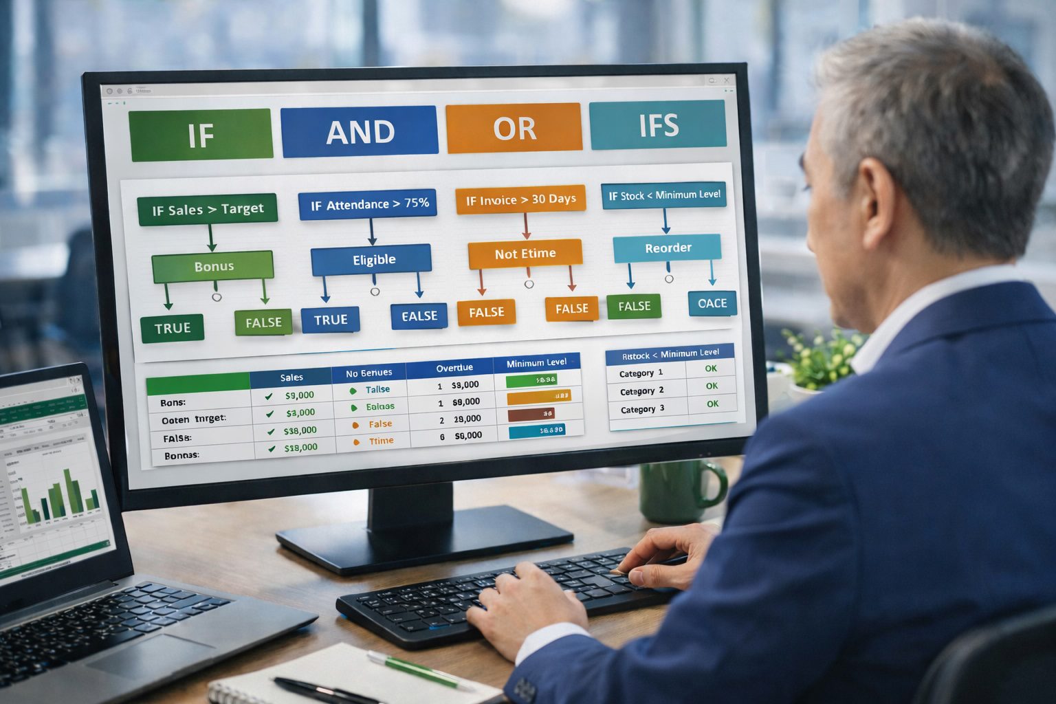 Senior Asian professional using Microsoft Excel decision tree visualization showing IF logic and statistical functions including SUM, AVERAGE, MAX, MIN, COUNT, and SUMIF.