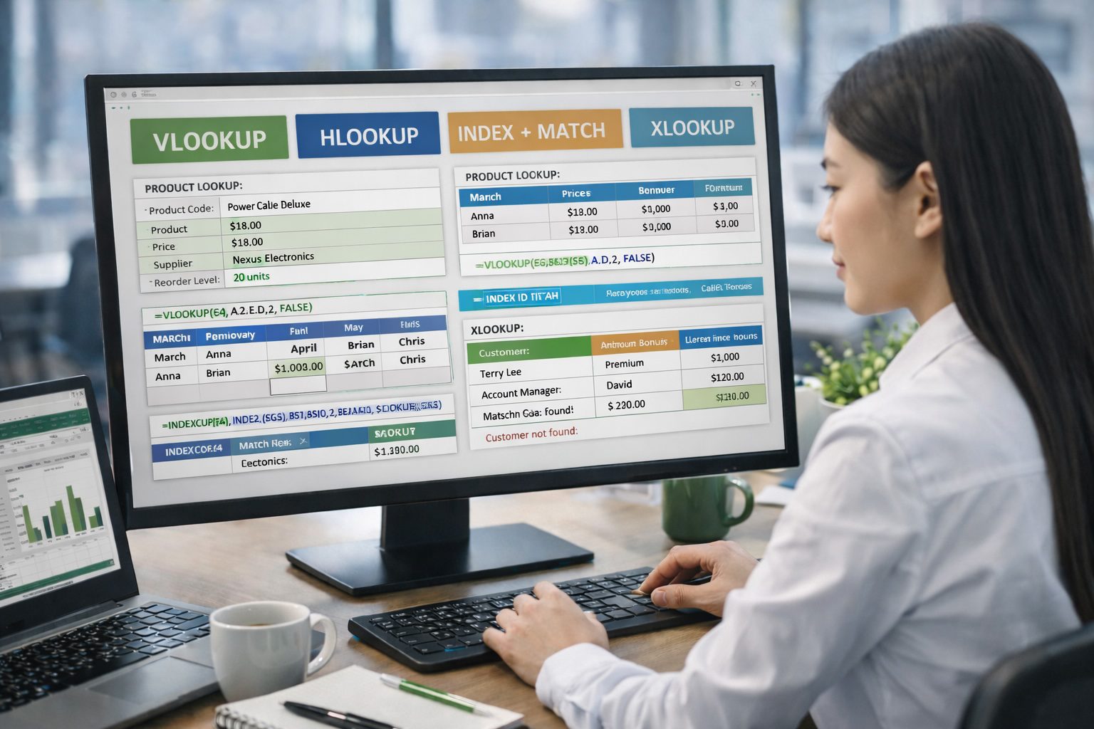 Young Asian office professional using Microsoft Excel lookup functions including VLOOKUP, INDEX-MATCH, and XLOOKUP on a computer screen to retrieve business information from tables.