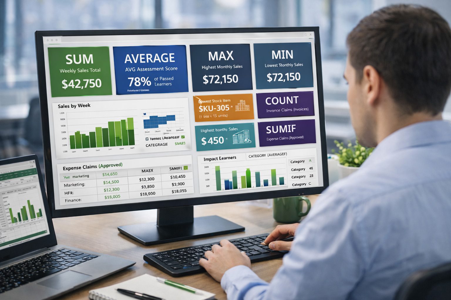 Professional reviewing an Excel dashboard with sales totals, averages, counts, and business metrics in a modern office