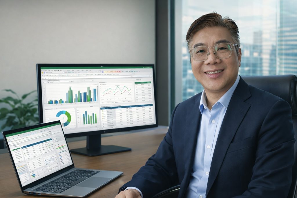Professional portrait of Victor Pow, Microsoft Excel expert and trainer, working in a modern office with dashboards, charts, and data analytics displayed on screen.