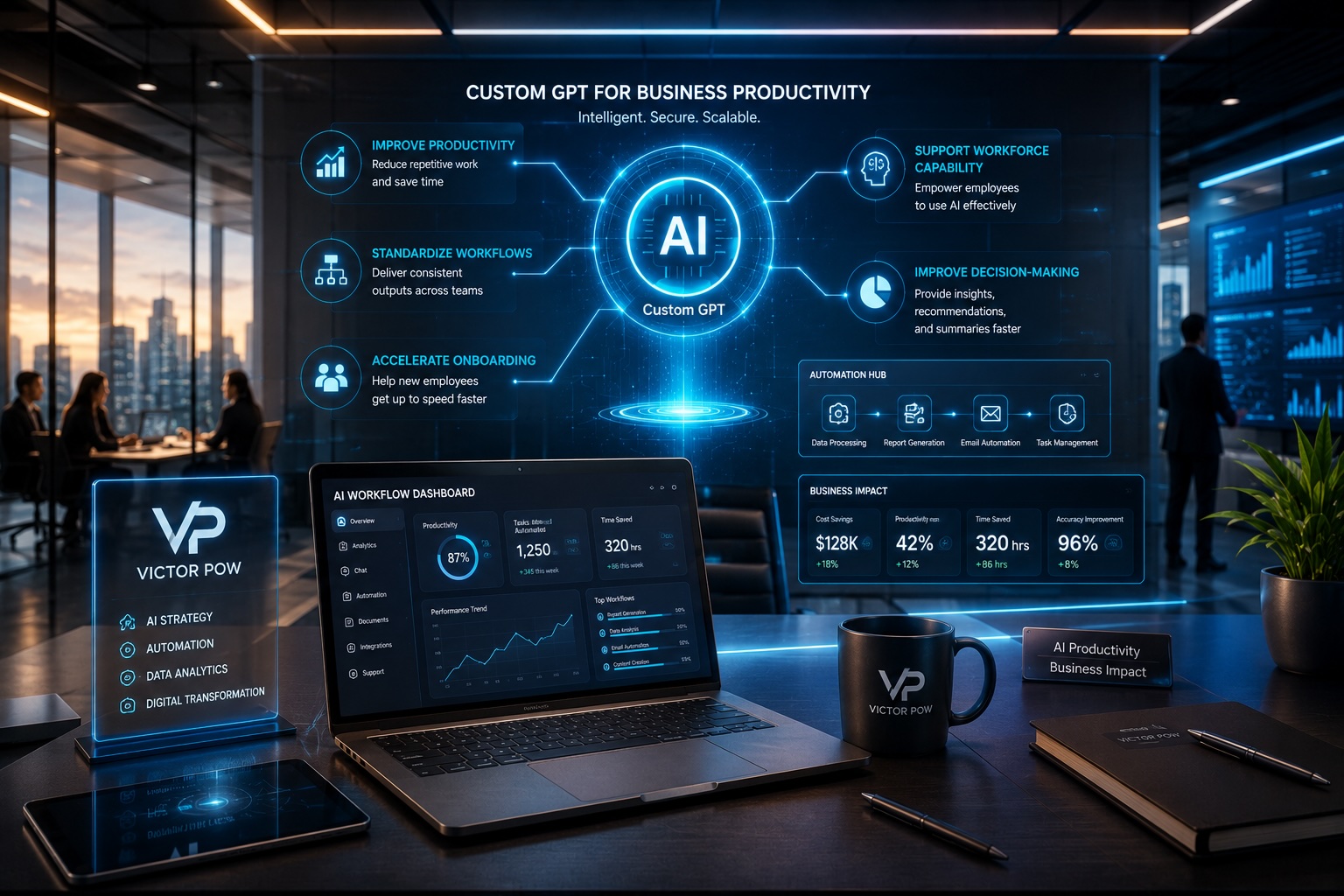 A futuristic corporate office workspace featuring AI holographic interfaces, workflow automation dashboards, analytics systems, and digital productivity tools surrounding a modern executive desk with laptop, coffee mug, and business intelligence displays branded for Victor Pow.