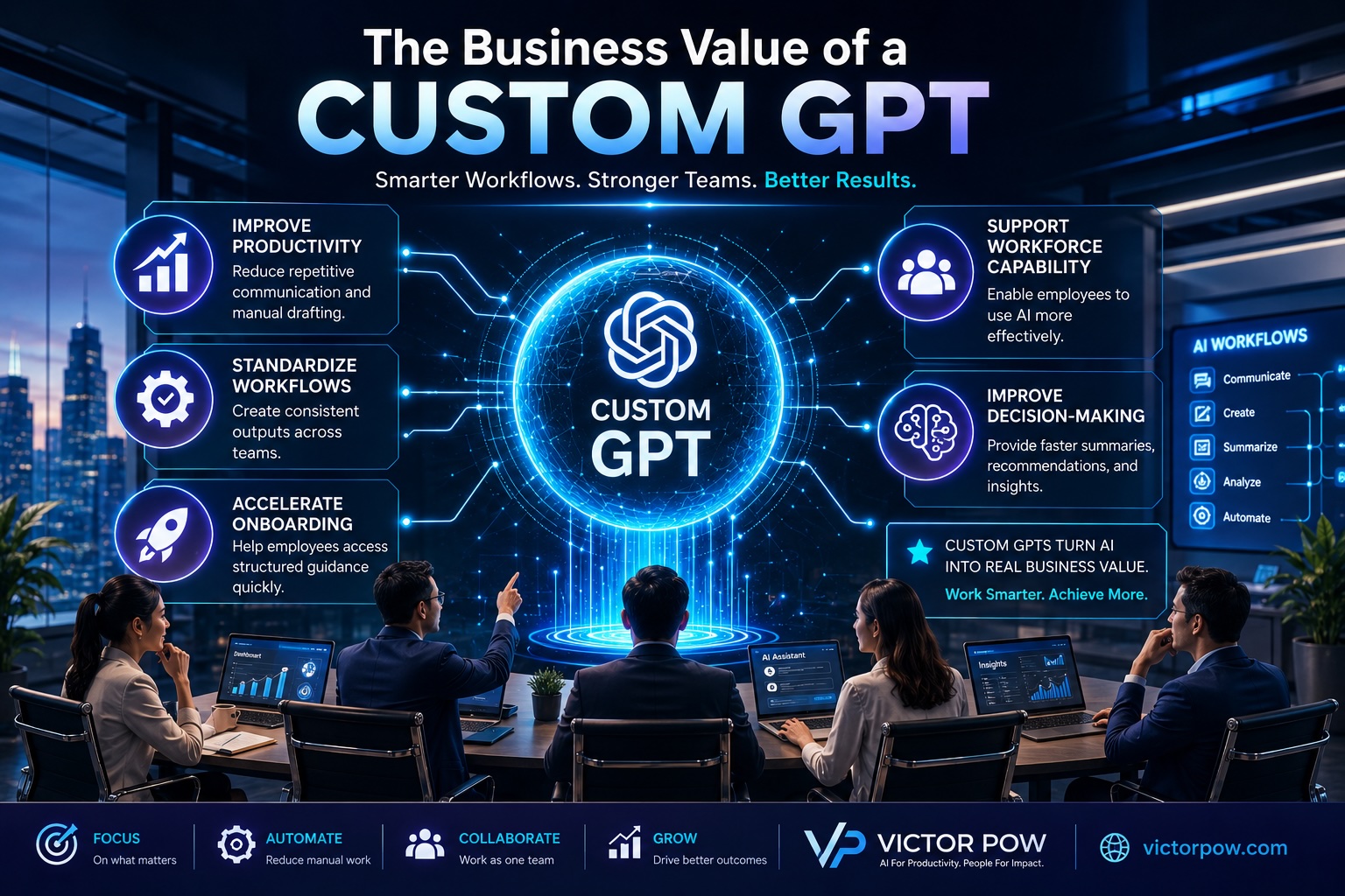 A futuristic corporate AI productivity scene showing business professionals collaborating around holographic Custom GPT interfaces, workflow automation systems, analytics dashboards, and digital transformation technology in a modern office environment branded with VictorPow.com.
